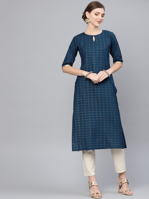 

Libas Women Teal Blue & Golden Checked Straight Kurta