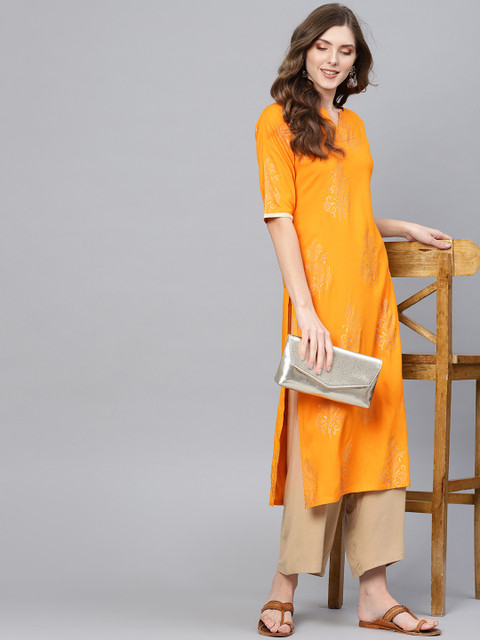 

Libas Women Orange & Golden Block Print Straight Kurta