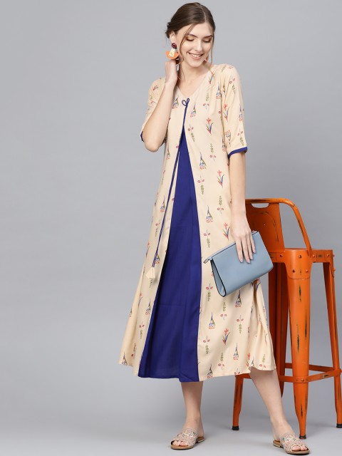 

Libas Women Cream-Coloured & Navy Blue Floral Printed A-Line Dress