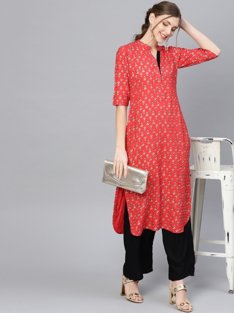 

Libas Women Red & Black Block Print Straight Kurta
