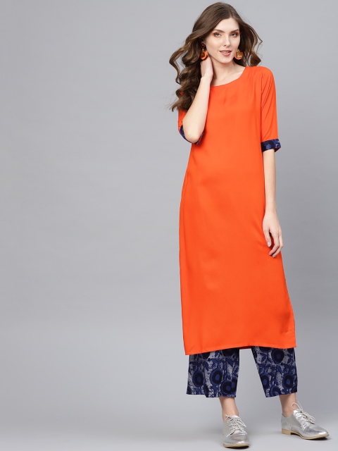 

Libas Women Orange & Navy Blue Solid Kurta with Palazzos