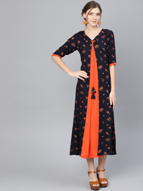 

Libas Women Navy Blue & Orange Printed Maxi Dress