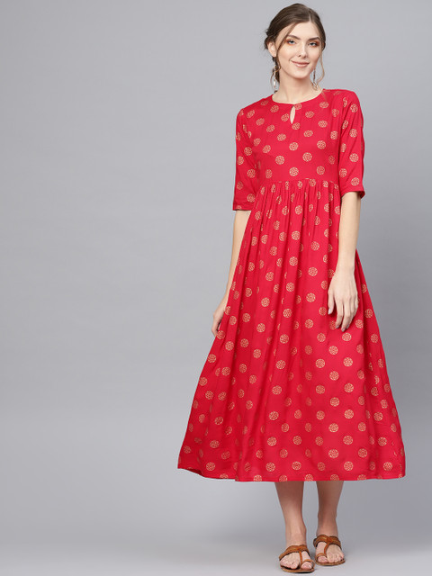 

Libas Women Red & Golden Block Print Maxi Dress