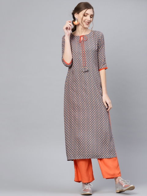 

Libas Women Grey & Orange Printed Straight Kurta