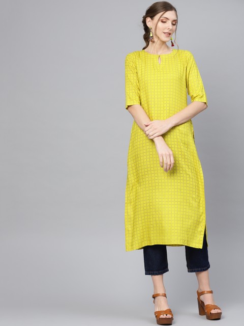 

Libas Women Lime Green & Brown Checked Straight Kurta
