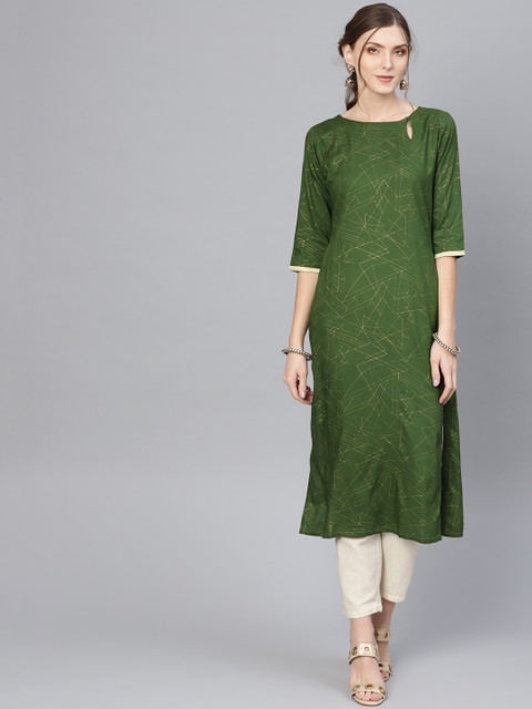 

Libas Women Green & Golden Block Print Straight Kurta