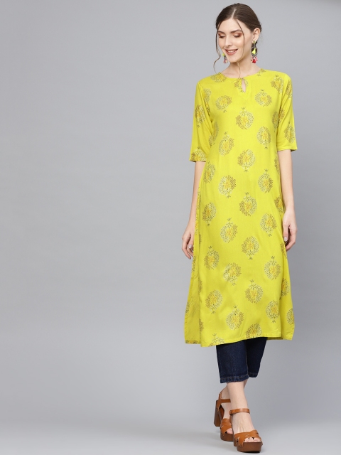 

Libas Women Lime Green & Black Printed Straight Kurta