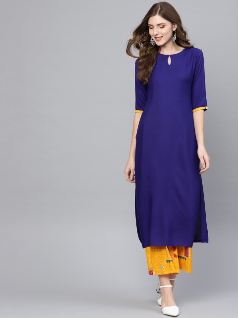 

Libas Women Navy Blue & Mustard Yellow Solid Kurta with Palazzos