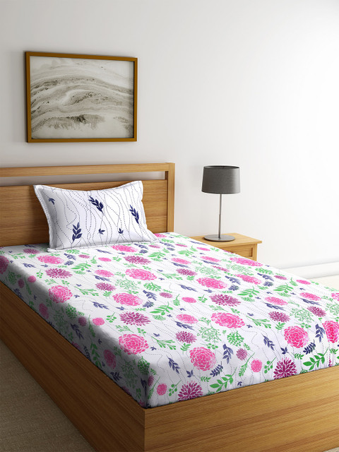 

SPACES Atrium White & Pink 144 TC Cotton Floral Single Bed Sheet with Pillow Cover