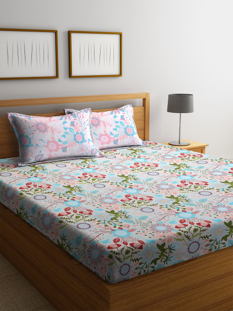 

SPACES Beige & Blue Floral Print 144 TC Cotton 1 King Bedsheet with 2 Pillow Covers