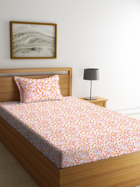 

SPACES Mustard & Pink Abstract 144 TC Cotton 1 Single Bedsheet with 1 Pillow Covers