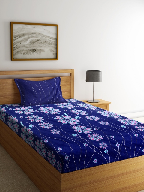 

SPACES Blue & Pink Floral 144 TC Cotton 1 Single Bedsheet with 1 Pillow Cover