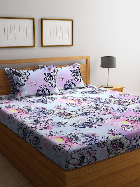 

SPACES Blue & Pink Floral Print 180 TC 1 Queen Bedsheet with 2 Pillow Covers