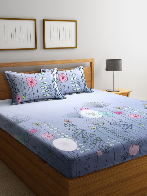 

SPACES Blue & Black Floral 180 TC Cotton 1 Queen Bedsheet with 2 Pillow Covers