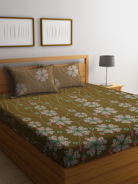 

SPACES Olive Green Floral 144 TC Cotton 1 King Bedsheet with 2 Pillow Covers