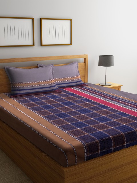 

WELHOME Brown & Blue Checked 150 TC Microfibre 1 Microfibre Queen Bedsheet with 2 Pillow Covers