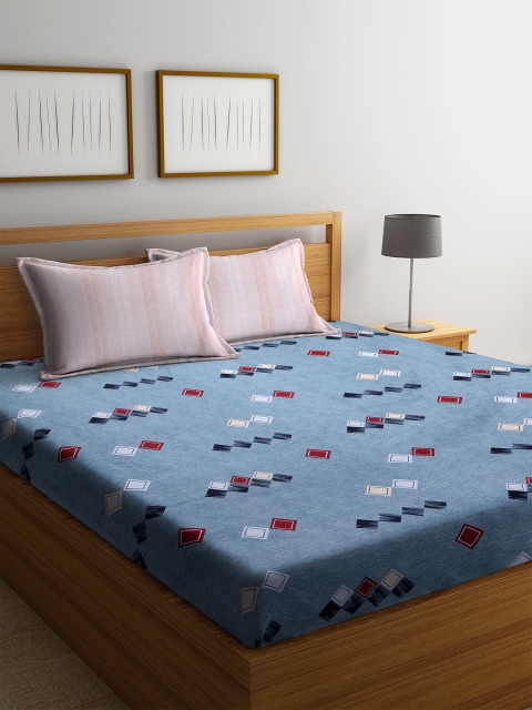 

WELHOME Blue & Black Geometric 150 TC Microfibre Queen Bedsheet with 2 Pillow Covers