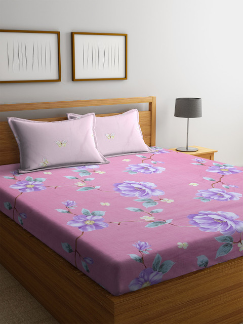 

WELHOME Pink & Lavender Floral 150 TC Microfibre Queen Bedsheet with 2 Pillow Covers