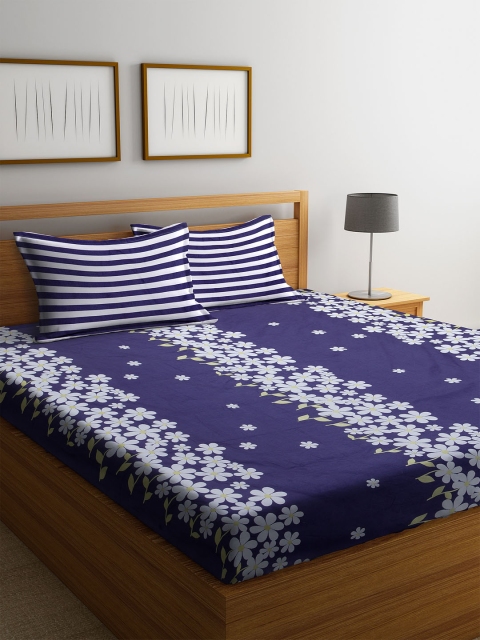 

WELHOME Navy Blue & White Floral 150 TC Microfibre 1 Microfibre Queen Bedsheet with 2 Pillow Covers