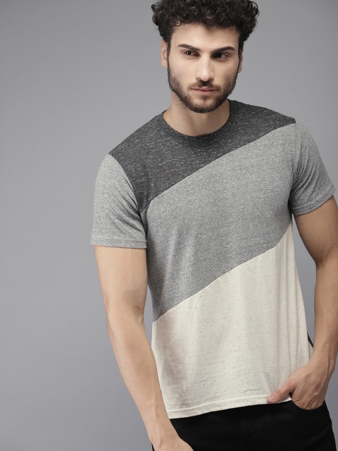 

Campus Sutra Men Grey & Off-White Colourblocked Round Neck T-shirt