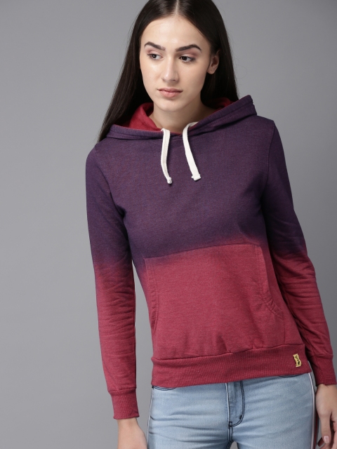 

Campus Sutra Women Maroon & Purple Solid Hooded Sweatshirt