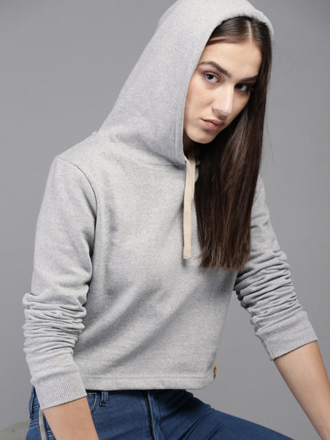 

Campus Sutra Women Grey Melange Solid Hooded Cropped Sweatshirt