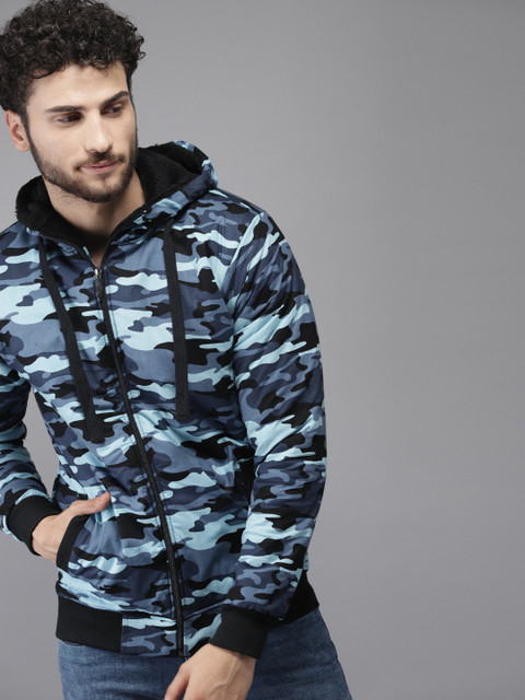

Campus Sutra Men Blue & Black Camouflage Faux Fur Lined Hooded Bomber Jacket