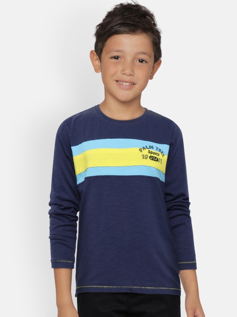 

Palm Tree Boys Navy Blue Yellow Colourblocked Round Neck Pure Cotton T-shirt