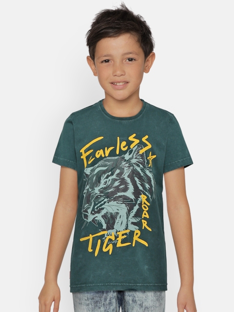 

Gini and Jony Boys Teal Green Printed Round Neck Pure Cotton T-shirt