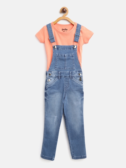 

Gini and Jony Girls Blue & Coral Orange Solid T-shirt with Denim Dungarees