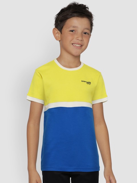 

Gini and Jony Boys Yellow Blue Colourblocked Round Neck Pure Cotton T-shirt