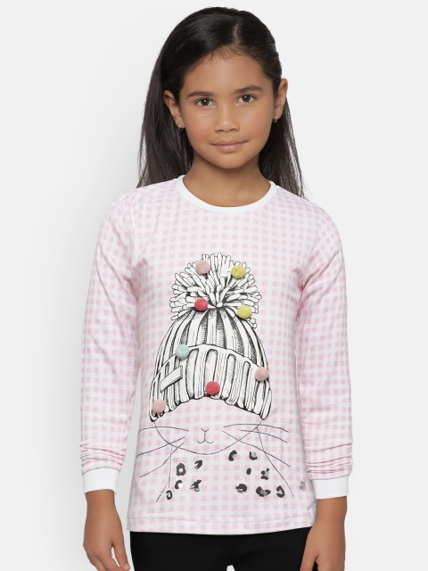 

Gini and Jony Girls Pink White Checked Round Neck Pure Cotton T-shirt with Printed Detail