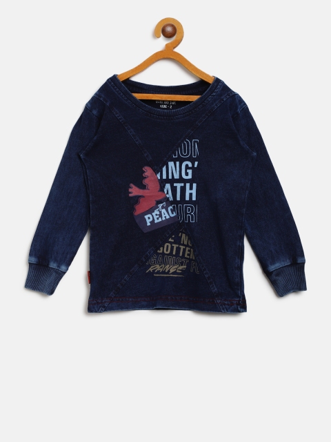 

Gini and Jony Boys Navy Blue Printed Round Neck Chambray T-shirt