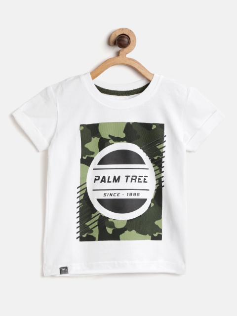 

Palm Tree Boys White & Olive Green Printed Round Neck T-shirt