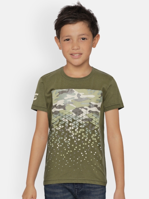 

Palm Tree Boys Olive Green Camouflage Print Round Neck T-shirt
