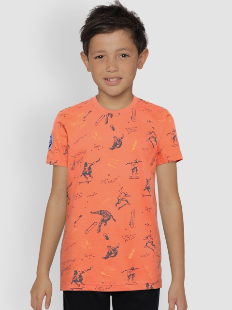 

Palm Tree Boys Coral Orange & Navy Blue Printed Round Neck T-shirt
