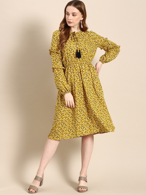 

DressBerry Women Mustard Yellow & White Floral Print Fit and Flare Dress