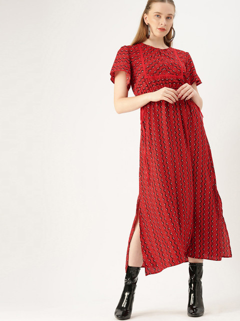 

DressBerry Women Printed Red Fit and Flare Midi Dress