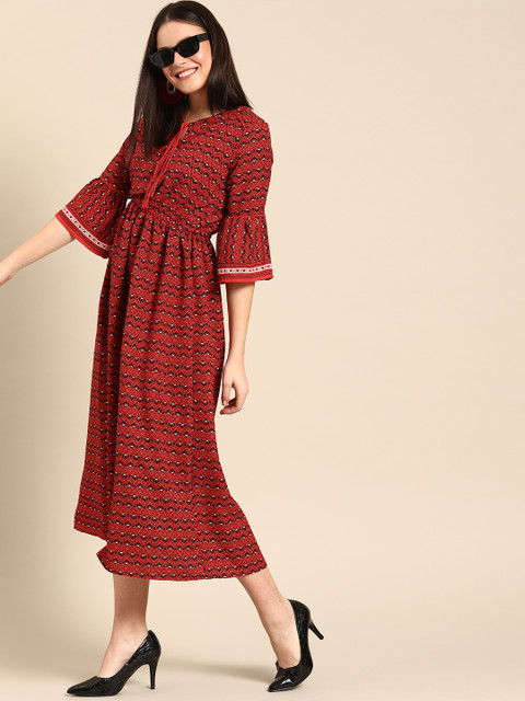 

DressBerry Women Red & Black Printed Fit & Flare Dress