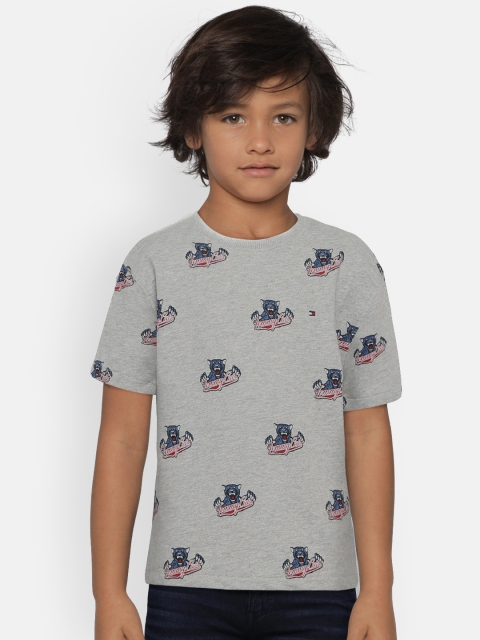 

Tommy Hilfiger Boys Grey Blue Printed Round Neck Pure Cotton T-shirt