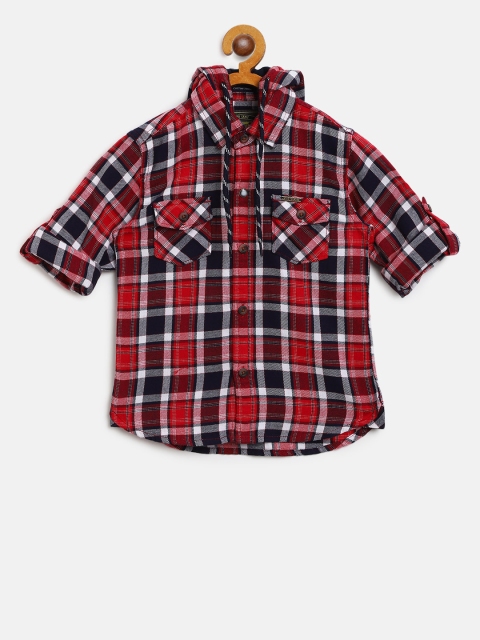 

Gini and Jony Boys Red & Navy Blue Regular Fit Checked Hooded Casual Shirt