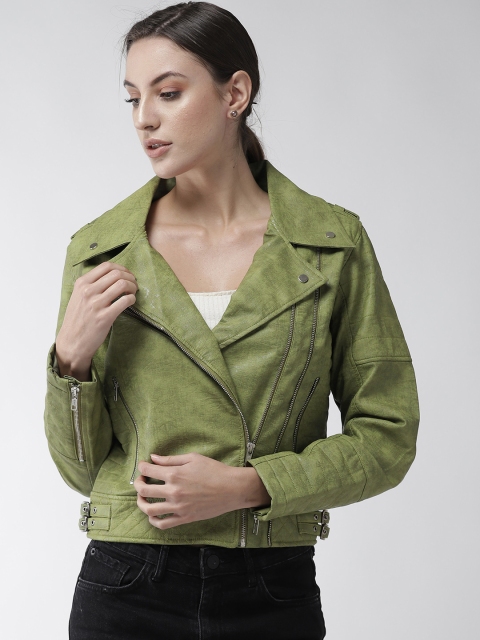 

Fort Collins Women Green Solid Biker Jacket