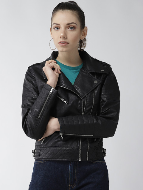 

Fort Collins Women Black Solid Biker Jacket
