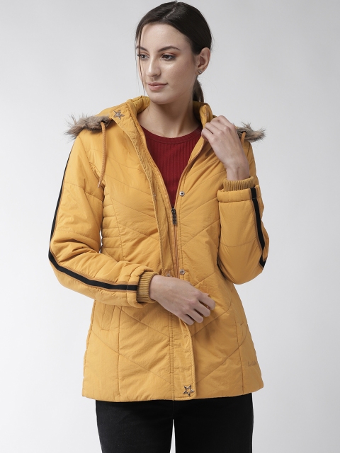 

Fort Collins Women Mustard Yellow Solid Parka Jacket with Detachable Hood