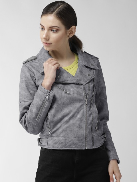 

Fort Collins Women Grey Solid Asymmetric Closure Biker Jacket