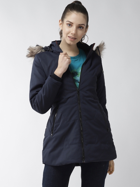 

Fort Collins Women Navy Blue Solid Parka Jacket with Detachable Hood
