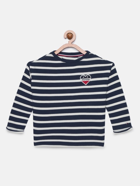 

Tommy Hilfiger Girls Navy Blue White Striped Round Neck Pure Cotton T-shirt