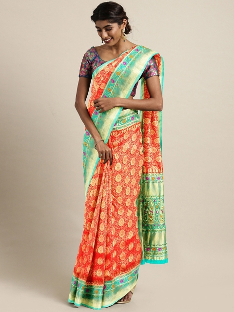 

The Chennai Silks Red & Green Silk Blend Woven Design Banarasi Saree