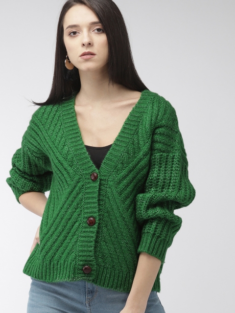 

FOREVER 21 Women Green Self Design Cardigan Sweater