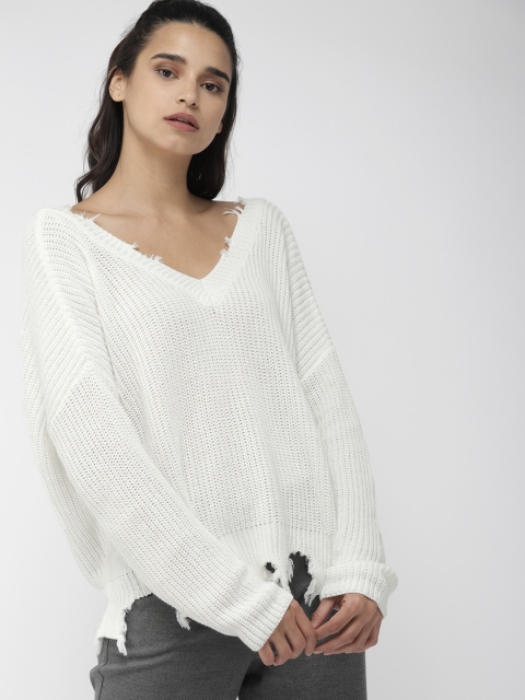 

FOREVER 21 Women Cream-Coloured Frayed Hem Ribbed Sweater